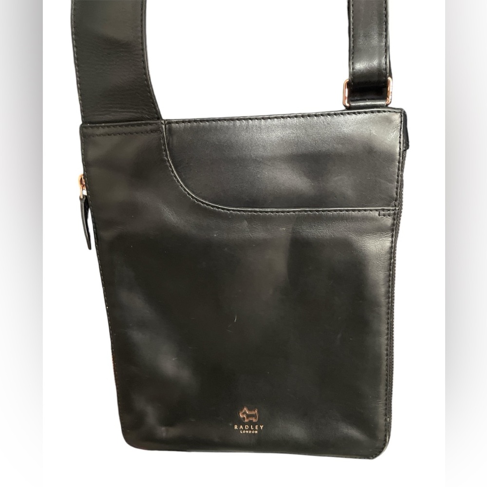 Radley London black leather crossbody with rose gold trim extender